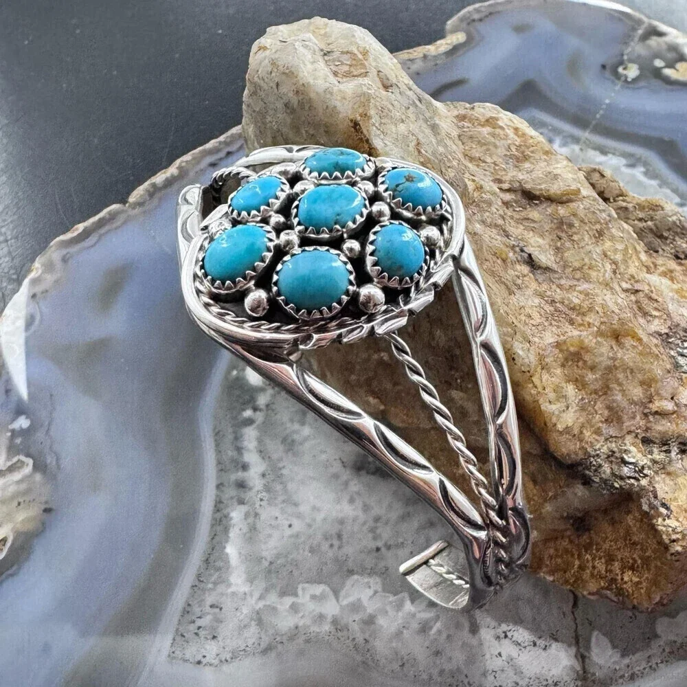 Melvin Chee Native American Sterling KingmanTurquoise Cluster Bracelet For Women